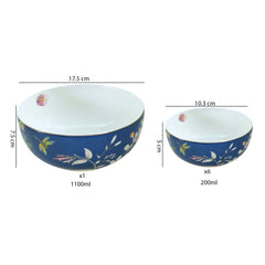 Royal Blue & White Floral Porcelain Dessert Set (7-Piece)