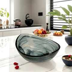 HK 1112 LEMON TREE Handmade Glass Bowls - 7.25" Black Oval Big Snack Bowl with Alabaster Finish