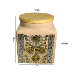 Lemon Tree Peach Ceramic Jar – 1000ml | Airtight Wooden Lid Kitchen Storage Canister | Ideal for Snacks, Tea, Coffee & Dry Ingredients