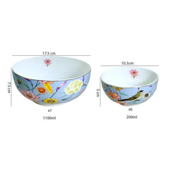 Sky Blue Bird & Blossom Porcelain Dessert Set with Gold Rims (7-Piece)