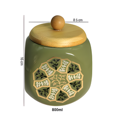 Lemon Tree Light Green Ceramic Jar | 1000ml Airtight Kitchen Storage Container with Wooden Lid | Elegant Barni for Snacks, Tea, Coffee & Dry Fruits