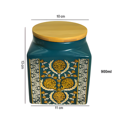 Lemon Tree Green Ceramic Storage Jar – 1000ml | Airtight Wooden Lid Container for Snacks, Tea, Coffee, Sugar & Dry Fruits