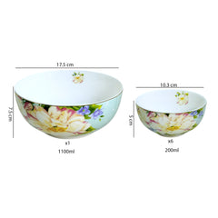 Pastel Floral Porcelain Dessert Set with Gold Trim (7-Piece)