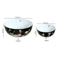 Black & Vibrant Bird Porcelain Dessert Set (7-Piece)