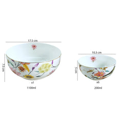 White & Multi-Color Floral Porcelain Dessert Set (7-Piece)