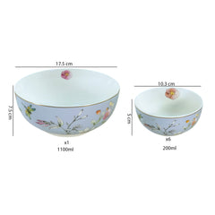 Light Blue Floral Porcelain Dessert Set (7-Piece)