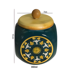 Lemon Tree 500ml Ceramic Storage Jar with Airtight Wooden Lid | Flower Print Green | Perfect for Kitchen Storage & Snacks