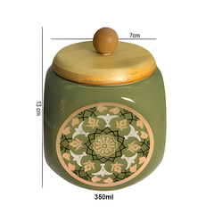 Lemon Tree 500ml Airtight Ceramic Jar with Wooden Lid | Elegant Flower Print | Perfect for Snacks, Spices & Dry Fruits (Olive Green)
