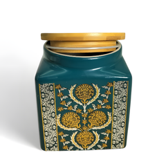 Lemon Tree Green Ceramic Storage Jar – 1000ml | Airtight Wooden Lid Container for Snacks, Tea, Coffee, Sugar & Dry Fruits