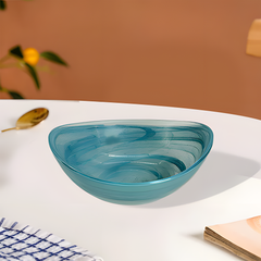 HK 1109 LEMON TREE Handmade Glass Bowls - 6" Blue Oval Snack Bowl with Alabaster Finish