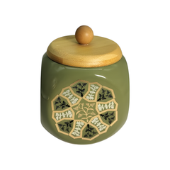 Lemon Tree 500ml Airtight Ceramic Jar with Wooden Lid | Elegant Flower Print | Perfect for Snacks, Spices & Dry Fruits (Olive Green)