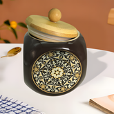 Lemon Tree 500ml Ceramic Storage Jar with Airtight Wooden Lid | Elegant Brown Flower Print | Ideal for Snacks, Spices & Dry Fruits
