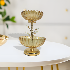 BM106 1 HU2180 Elegant 2 Tier Metal and Glass Decorative Bowl with Crystal Accents Fruit Candy and Snack Server with Stylish Stand for Table Centerpiece