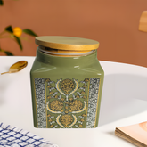 Lemon Tree Light Green Ceramic Jar – 1000ml | Airtight Wooden Lid Container for Kitchen Storage | Ideal for Snacks, Tea, Coffee & Dry Fruits