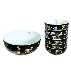 Black & Vibrant Bird Porcelain Dessert Set (7-Piece)