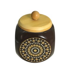 Lemon Tree 500ml Ceramic Storage Jar with Airtight Wooden Lid | Elegant Brown Flower Print | Ideal for Snacks, Spices & Dry Fruits