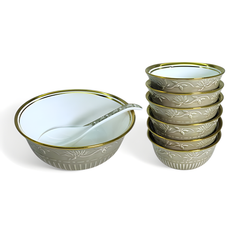 Elegant Grey & Gold 8-Piece Embossed Ceramic Dessert & Pudding Set | Includes Serving Spoon | Premium Gift Box