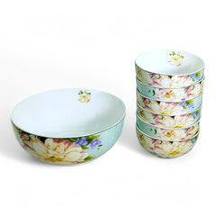 Pastel Floral Porcelain Dessert Set with Gold Trim (7-Piece)