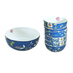 Royal Blue & White Floral Porcelain Dessert Set (7-Piece)