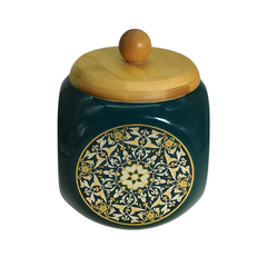 Lemon Tree 500ml Ceramic Storage Jar with Airtight Wooden Lid | Flower Print Green | Perfect for Kitchen Storage & Snacks