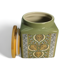 Lemon Tree Light Green Ceramic Jar – 1000ml | Airtight Wooden Lid Container for Kitchen Storage | Ideal for Snacks, Tea, Coffee & Dry Fruits