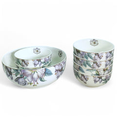 Elegant Multicolor Floral Ceramic Dessert Set | 7-Piece Porcelain Pudding & Serving Bowl Collection with Gold Detailing