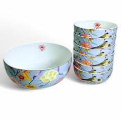 Sky Blue Bird & Blossom Porcelain Dessert Set with Gold Rims (7-Piece)
