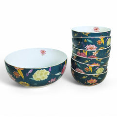 Teal & Vibrant Floral Porcelain Dessert Set (7-Piece)