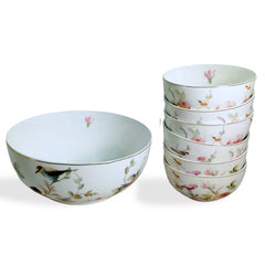 Bird & Floral Porcelain Dessert Set with Gold Accents (7-Piece)