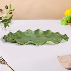 Lemon Tree Green Glass Oval Platter with Wavy Rim | Elegant Textured Serving Tray