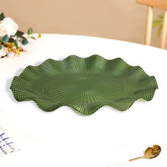Lemon Tree Green Glass Oval Platter with Wavy Rim | Elegant Textured Serving Tray