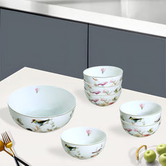 Bird & Floral Porcelain Dessert Set with Gold Accents (7-Piece)