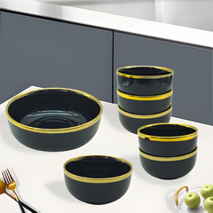 Luxury Black & Gold 7-Piece Ceramic Dessert & Pudding Bowl Set | Elegant Gift Box Packaging