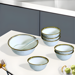 Luxurious Light Blue & Gold 8-Piece Embossed Ceramic Dessert & Pudding Set | Elegant Gift Box Packaging