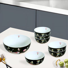 Black & Vibrant Bird Porcelain Dessert Set (7-Piece)