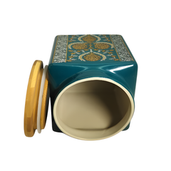 Lemon Tree Green Ceramic Storage Jar – 1000ml | Airtight Wooden Lid Container for Snacks, Tea, Coffee, Sugar & Dry Fruits