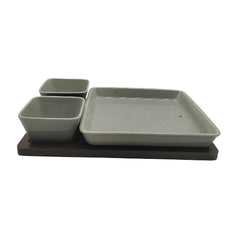 Lemon Tree Grey Ceramic 3-Piece Snack Serving Set – Stylish Platter & Dip Bowls with Bamboo Tray