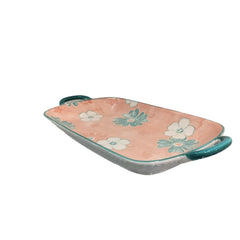 Lemon Tree Pink Ceramic Deep Dish Platter | Elegant Rectangular Serving Platter with Handles | Stylish Snack & Dessert Plate