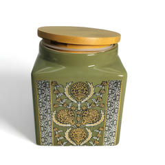 Lemon Tree Light Green Ceramic Jar – 1000ml | Airtight Wooden Lid Container for Kitchen Storage | Ideal for Snacks, Tea, Coffee & Dry Fruits