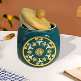 Lemon Tree 500ml Ceramic Storage Jar with Airtight Wooden Lid | Flower Print Green | Perfect for Kitchen Storage & Snacks