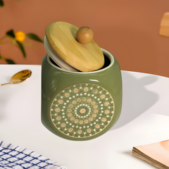 Lemon Tree Light Green Ceramic Jar | 1000ml Airtight Kitchen Storage Container with Wooden Lid | Elegant Barni for Snacks, Tea, Coffee & Dry Fruits