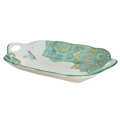 Lemon Tree Blue Ceramic Matte Finish Rectangular Platter with Dual Handle – Stylish Serveware for Snacks & Desserts