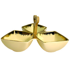 Elegant Cream Ceramic Tri-Part Serving Platter with Bamboo Handle & Gold Rim – 24cm