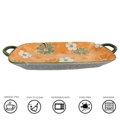 Lemon Tree Orange Ceramic Deep Dish Platter | Stylish Rectangular Serving Platter with Handles | Elegant Snack & Dessert Plate