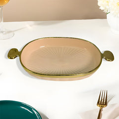 Peach Ceramic Oval Snack Platter with Golden Rim & Side Handles – Elegant Serving Dish (28x15.5 cm)