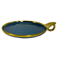 Elegant Blue Round Ceramic Serving Platter – Gold Rim & Hook Handle, 24cm