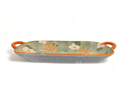 Lemon Tree Green Ceramic Deep Dish Platter | Elegant Rectangular Serving Platter with Handles | Perfect for Snacks & Desserts