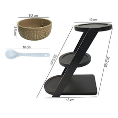 Premium 3-Bowl Ceramic Serving Set with Tall Bamboo Stand & Matching Spoons – Elegant Dining Essential