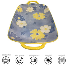 Lemon Tree Blue Ceramic Rectangle Platter with Handles | Elegant Deep Dish for Snacks & Appetizers | Durable & Eco-Friendly