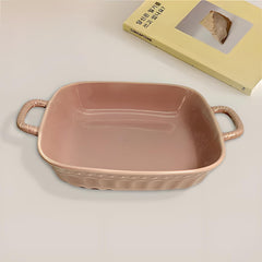 Lemon Tree Pink Square Ceramic Platter – Deep Dish with Handles for Stylish Serving